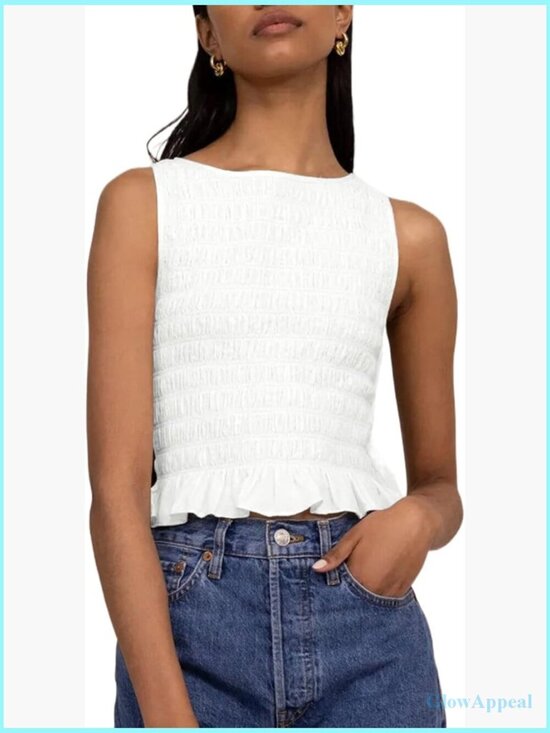 Tops - Shirred Ruffle Sleeveless Tank Top Cami Smocked Frill Halter Summer Streetwear
